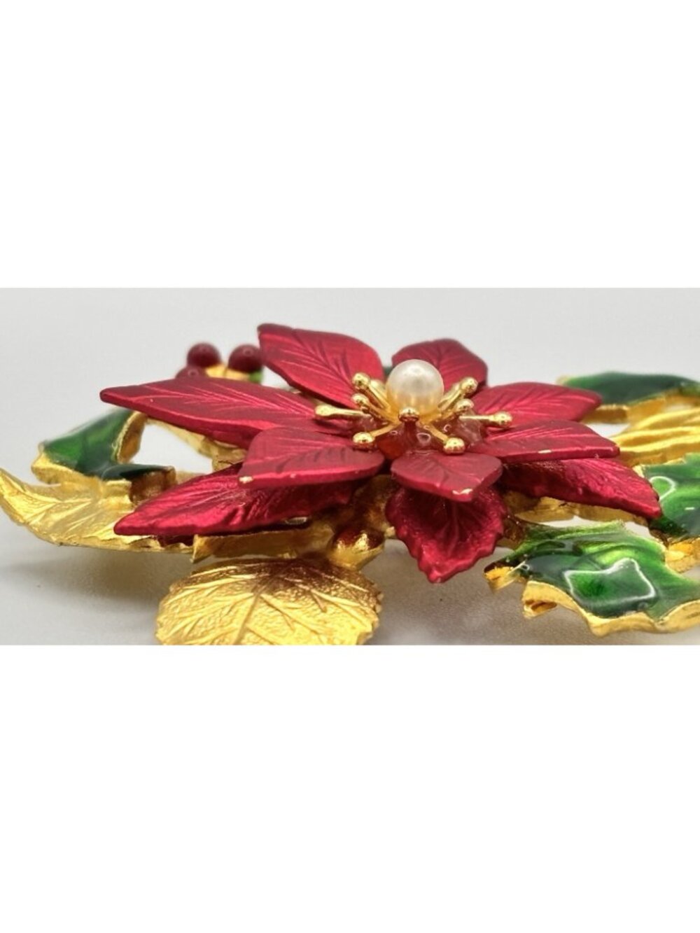 Kenneth Cole Vintage Red Poinsettia Brooch Gold Faux Pearl Signed 2 in. Metal - Picture 4 of 4